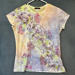 KOS USA Floral Sheer Tee Women’s S Multicolor Boho Y2K Artsy Top Boho Cottage